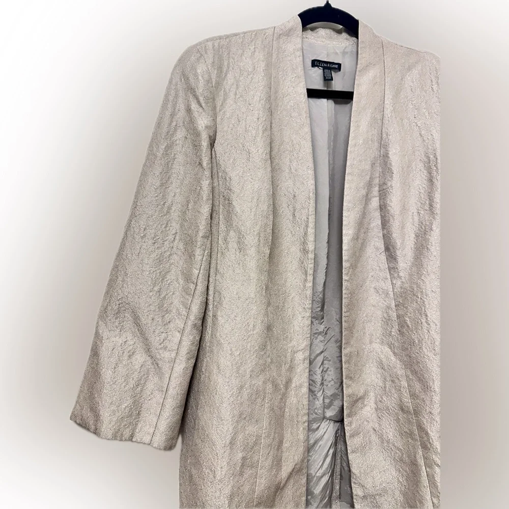 Eileen Fisher Open Front Textured Blazer Jacket Neutral Taupe Silk Blend Size M - Picture 4 of 9
